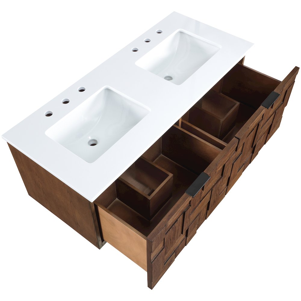 Leonardo 48" Brown Engineered Stone And Solid Wood Wall Mounted Bathroom Vanity. Picture 14