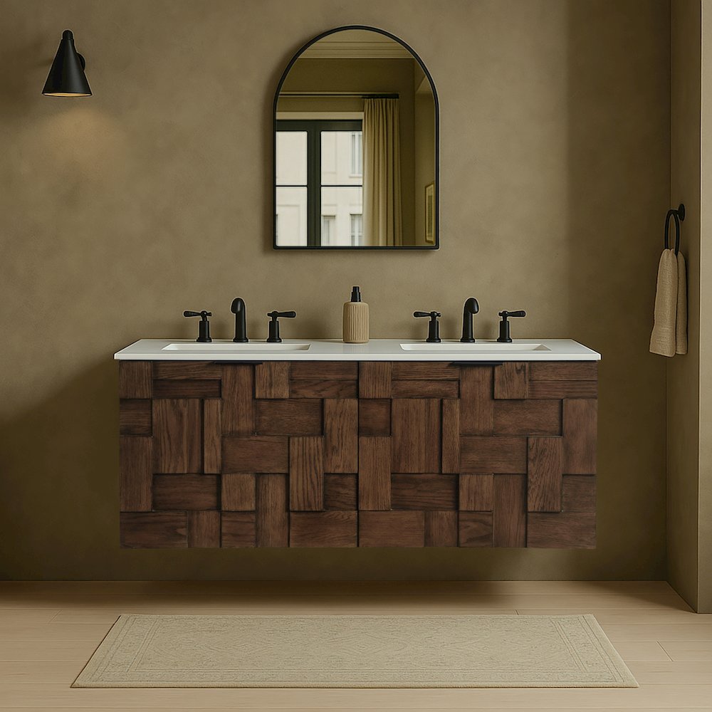 Leonardo 48" Brown Engineered Stone And Solid Wood Wall Mounted Bathroom Vanity. Picture 7
