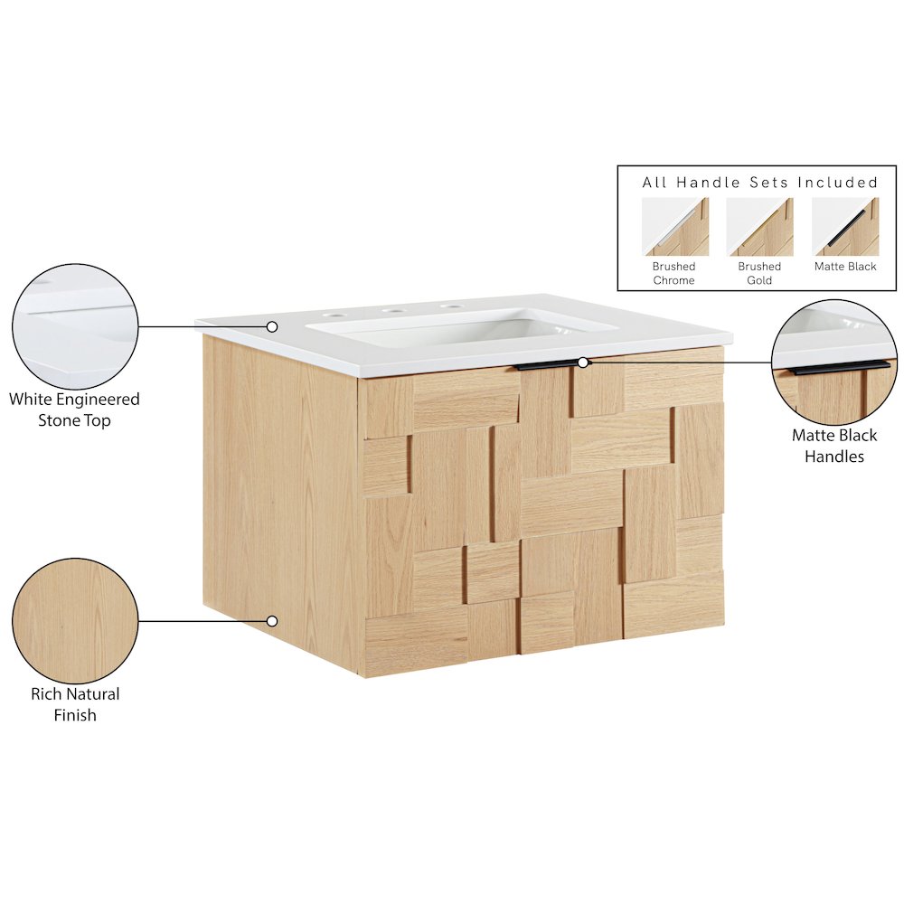 Leonardo 24" Natural Engineered Stone And Wood Wall Mounted Bathroom Vanity. Picture 16