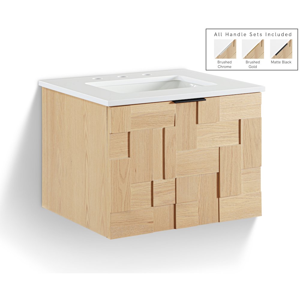 Leonardo 24" Natural Engineered Stone And Wood Wall Mounted Bathroom Vanity. Picture 1
