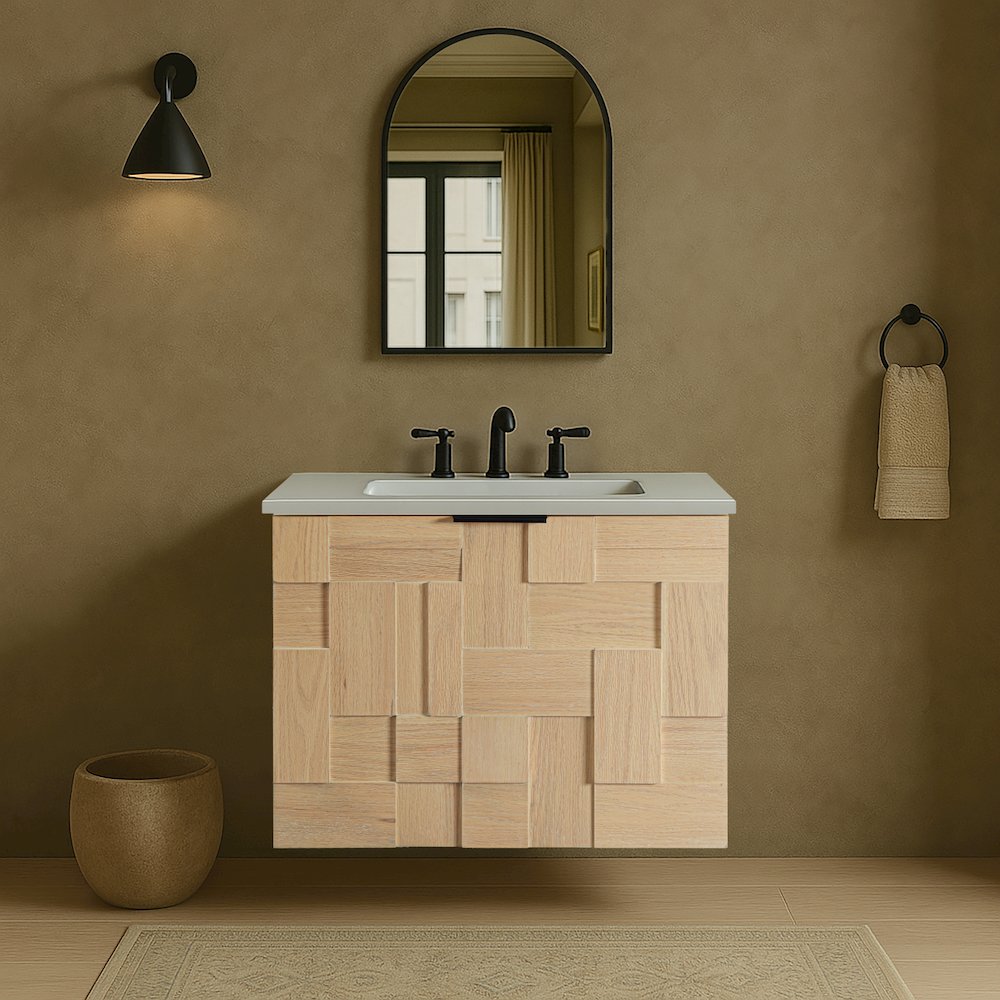 Leonardo 24" Natural Engineered Stone And Wood Wall Mounted Bathroom Vanity. Picture 7