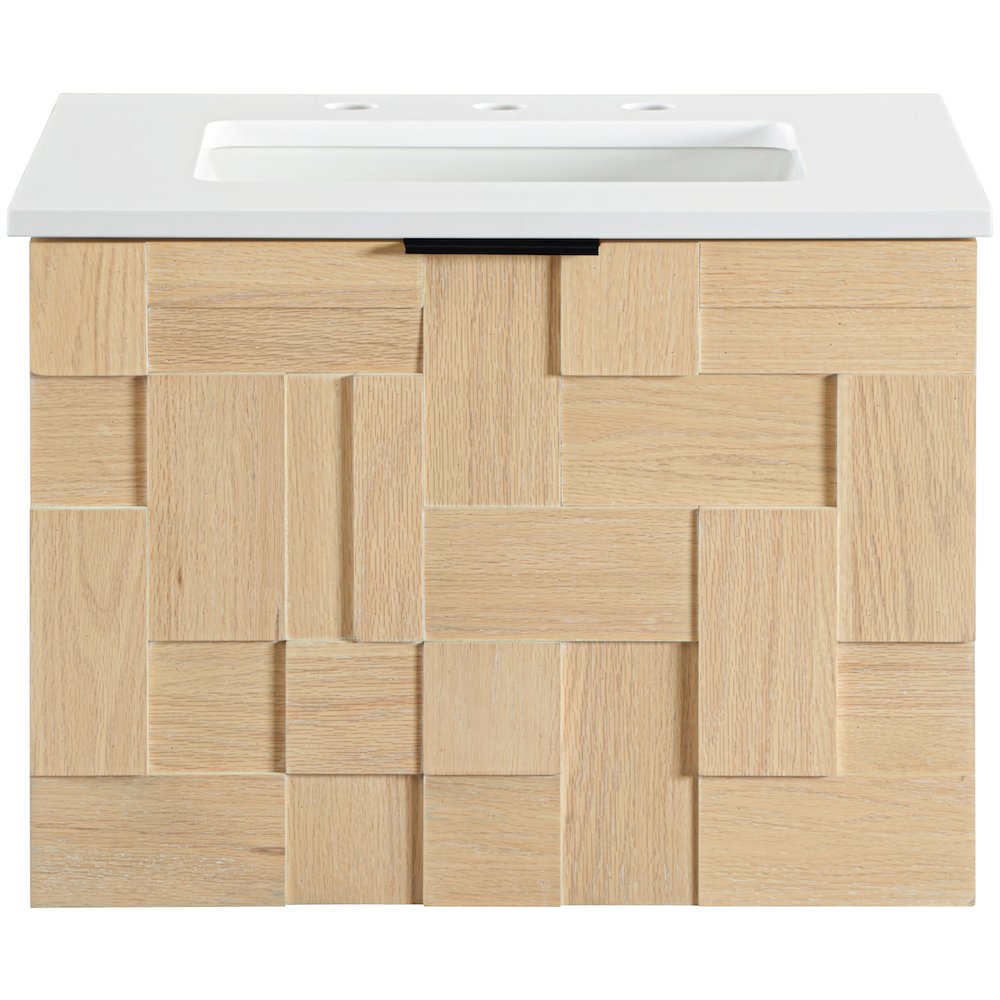 Leonardo 24" Natural Engineered Stone And Wood Wall Mounted Bathroom Vanity. Picture 2