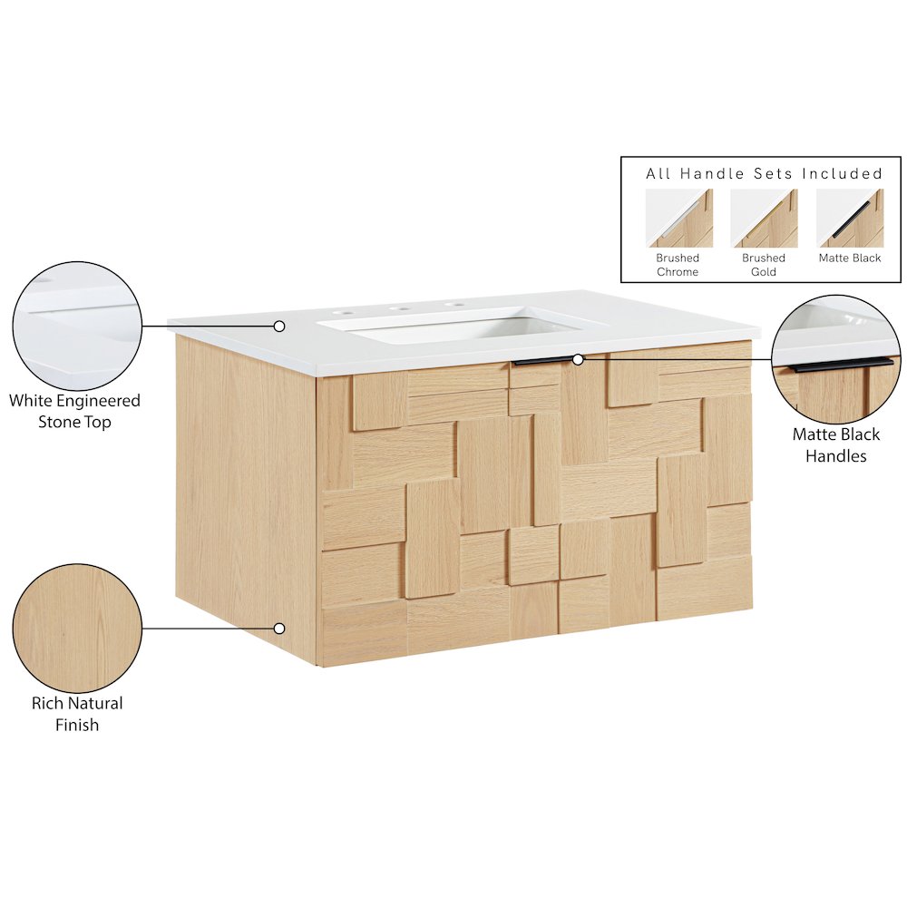 Leonardo 30" Natural Engineered Stone And Wood Wall Mounted Bathroom Vanity. Picture 16