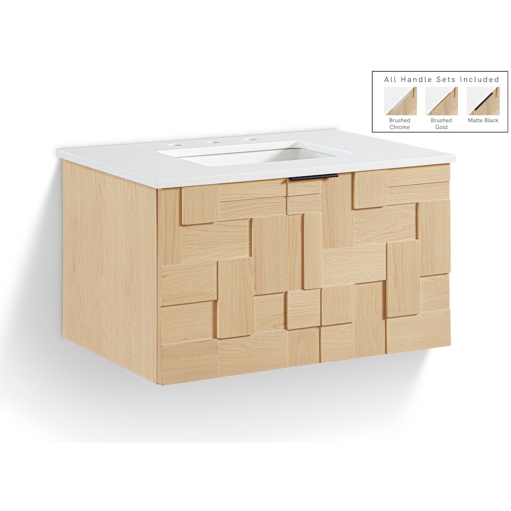 Leonardo 30" Natural Engineered Stone And Wood Wall Mounted Bathroom Vanity. Picture 1