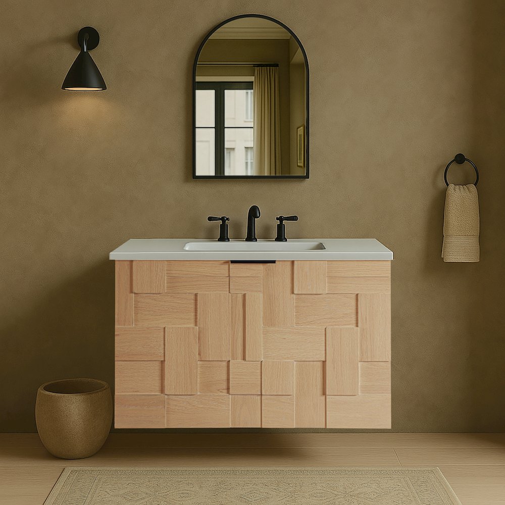 Leonardo 30" Natural Engineered Stone And Wood Wall Mounted Bathroom Vanity. Picture 7