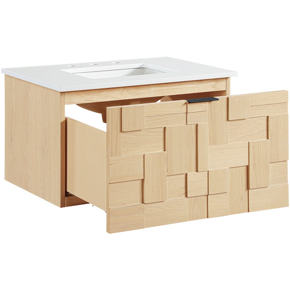 Leonardo 30" Natural Engineered Stone And Wood Wall Mounted Bathroom Vanity. Picture 6