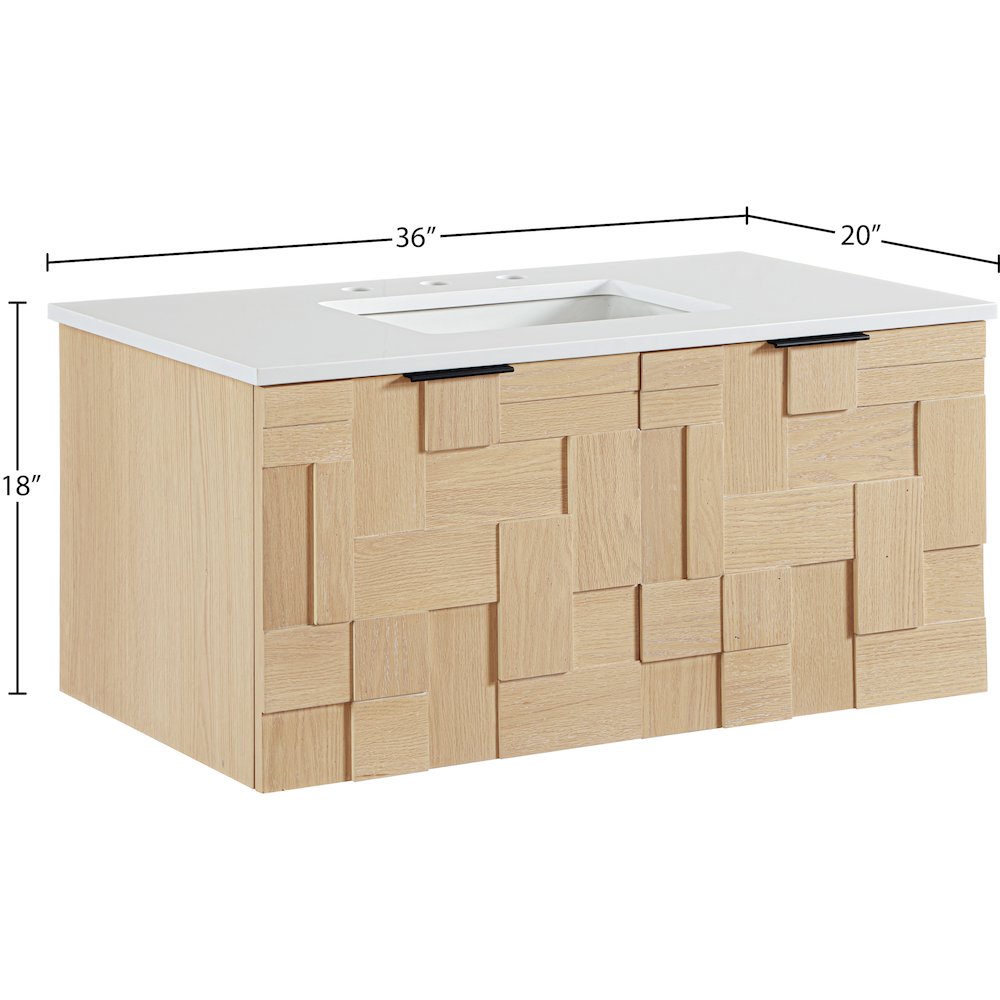 Leonardo 36" Natural Engineered Stone And Wood Wall Mounted Bathroom Vanity. Picture 15