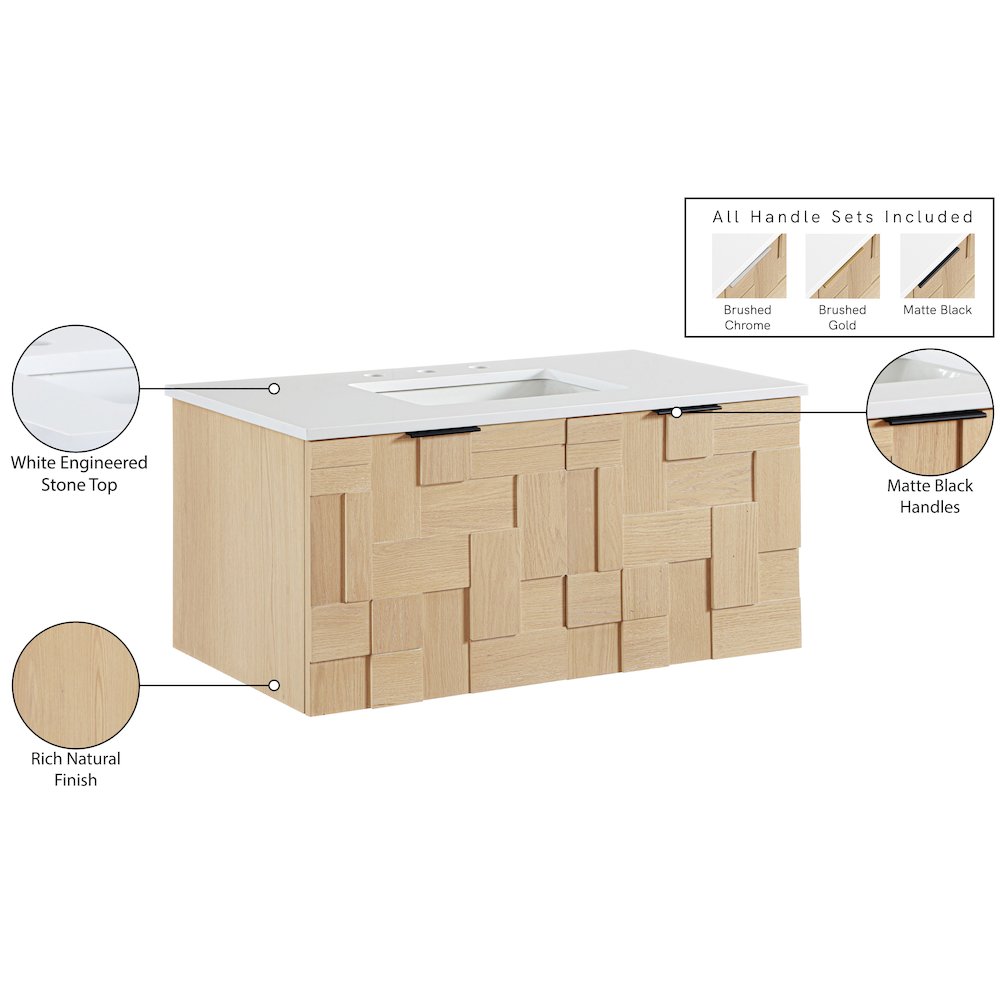 Leonardo 36" Natural Engineered Stone And Wood Wall Mounted Bathroom Vanity. Picture 16