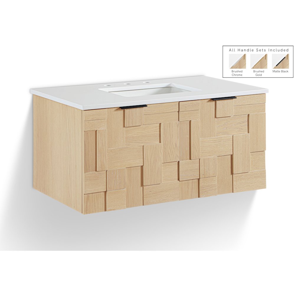 Leonardo 36" Natural Engineered Stone And Wood Wall Mounted Bathroom Vanity. Picture 1