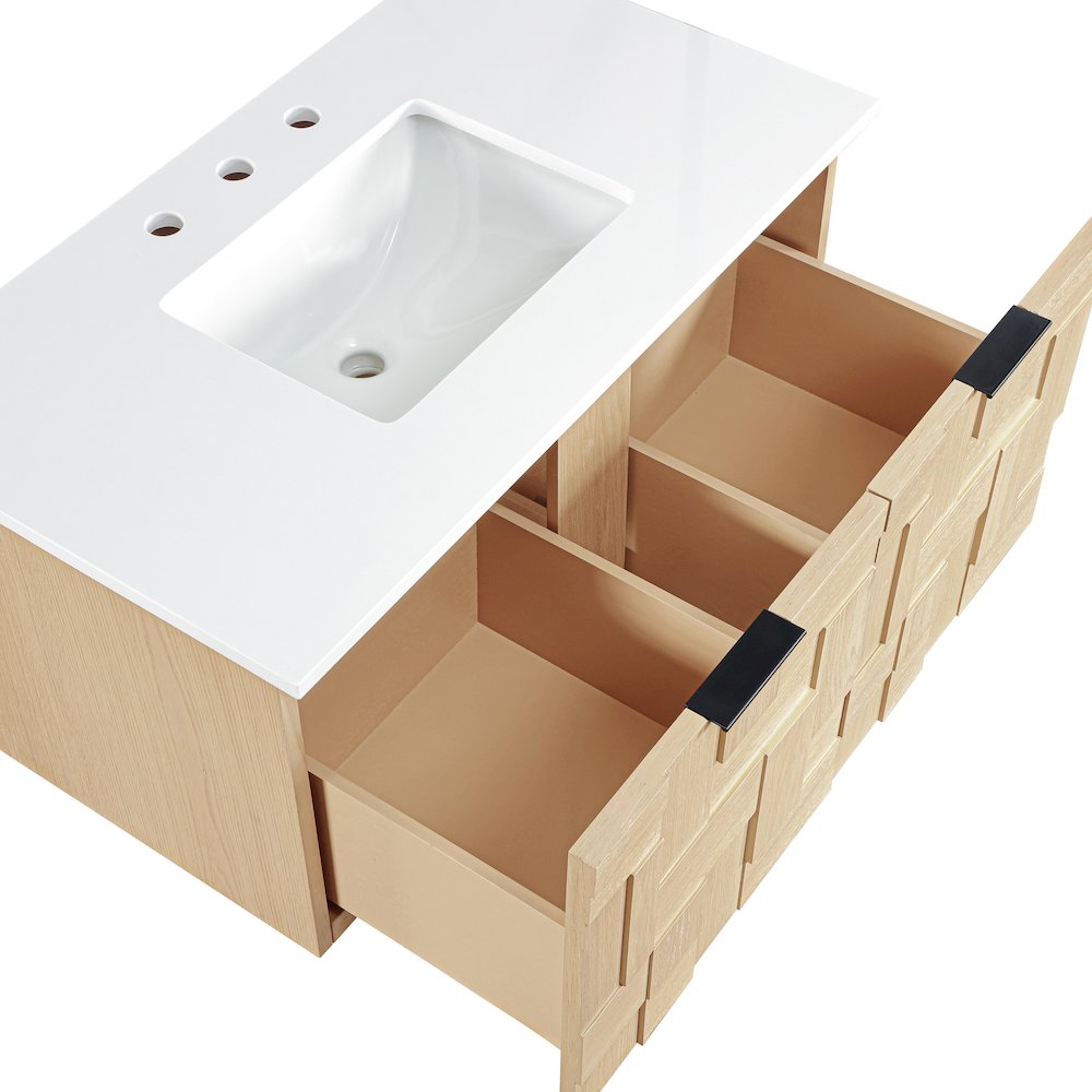 Leonardo 36" Natural Engineered Stone And Wood Wall Mounted Bathroom Vanity. Picture 14