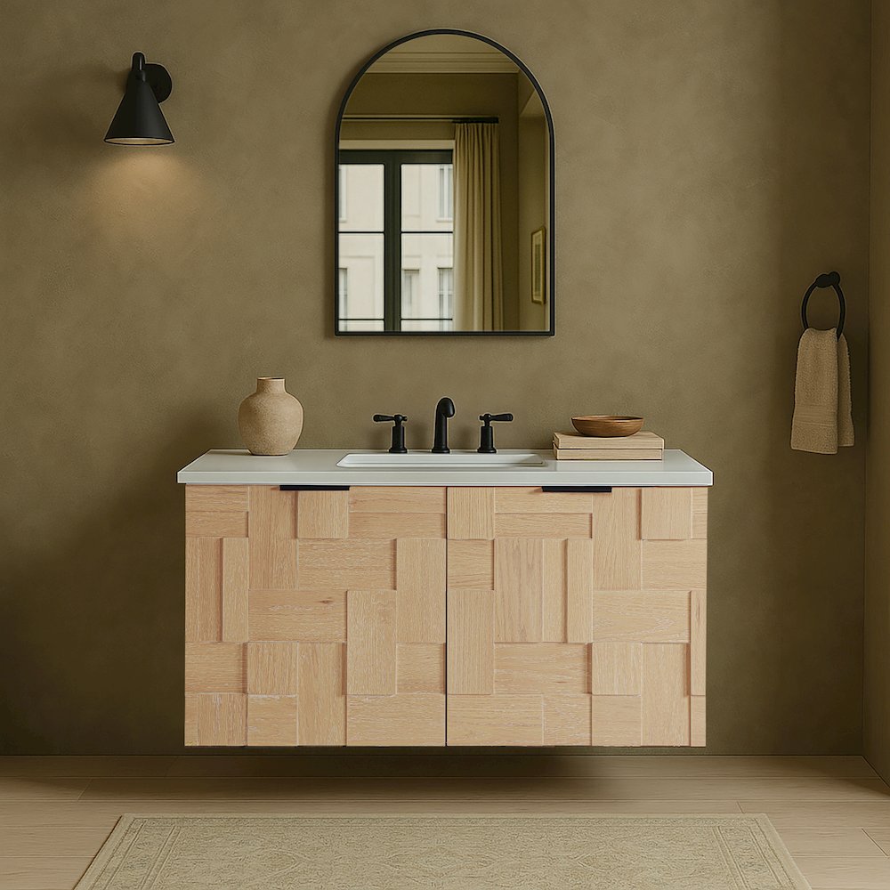 Leonardo 36" Natural Engineered Stone And Wood Wall Mounted Bathroom Vanity. Picture 7