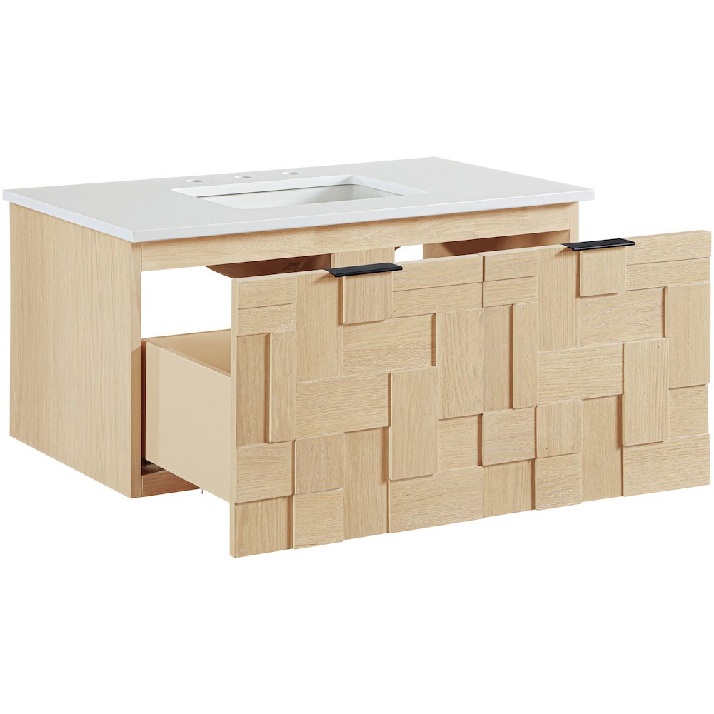 Leonardo 36" Natural Engineered Stone And Wood Wall Mounted Bathroom Vanity. Picture 6