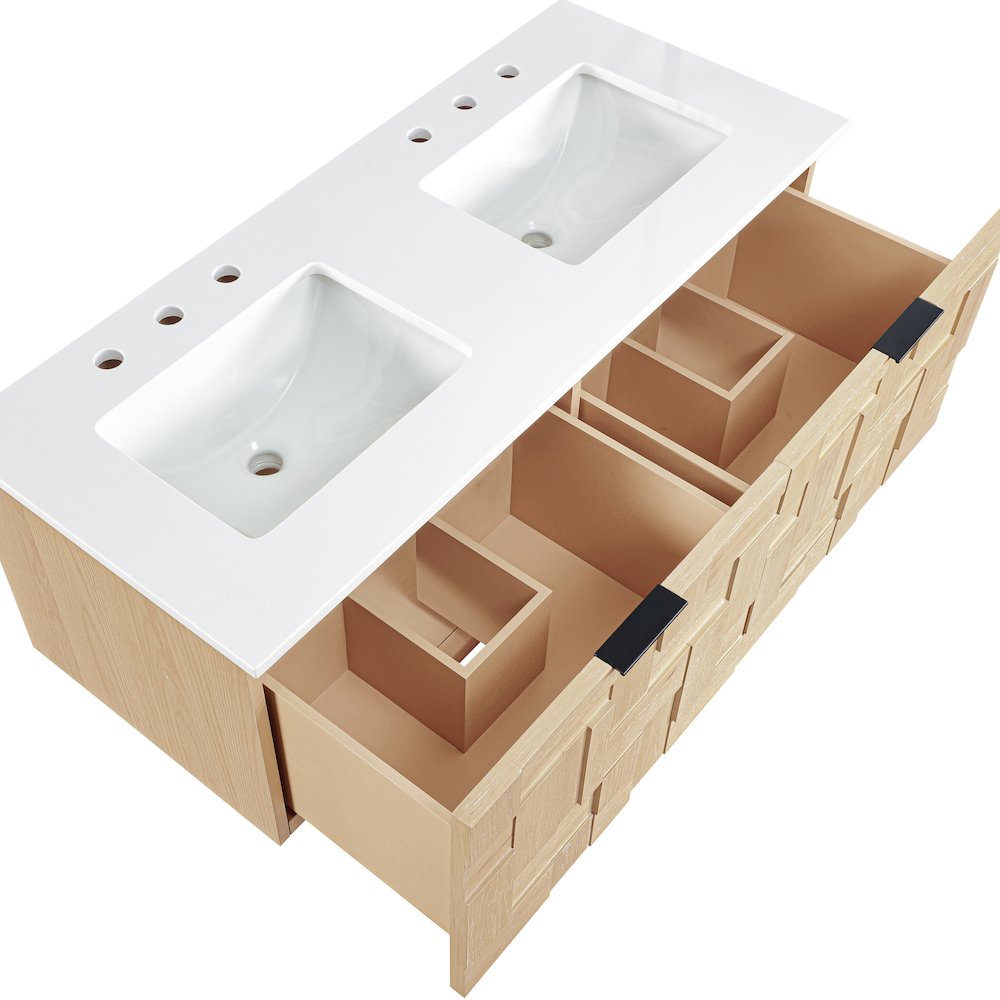 Leonardo 48" Natural Engineered Stone And Wood Wall Mounted Bathroom Vanity. Picture 14