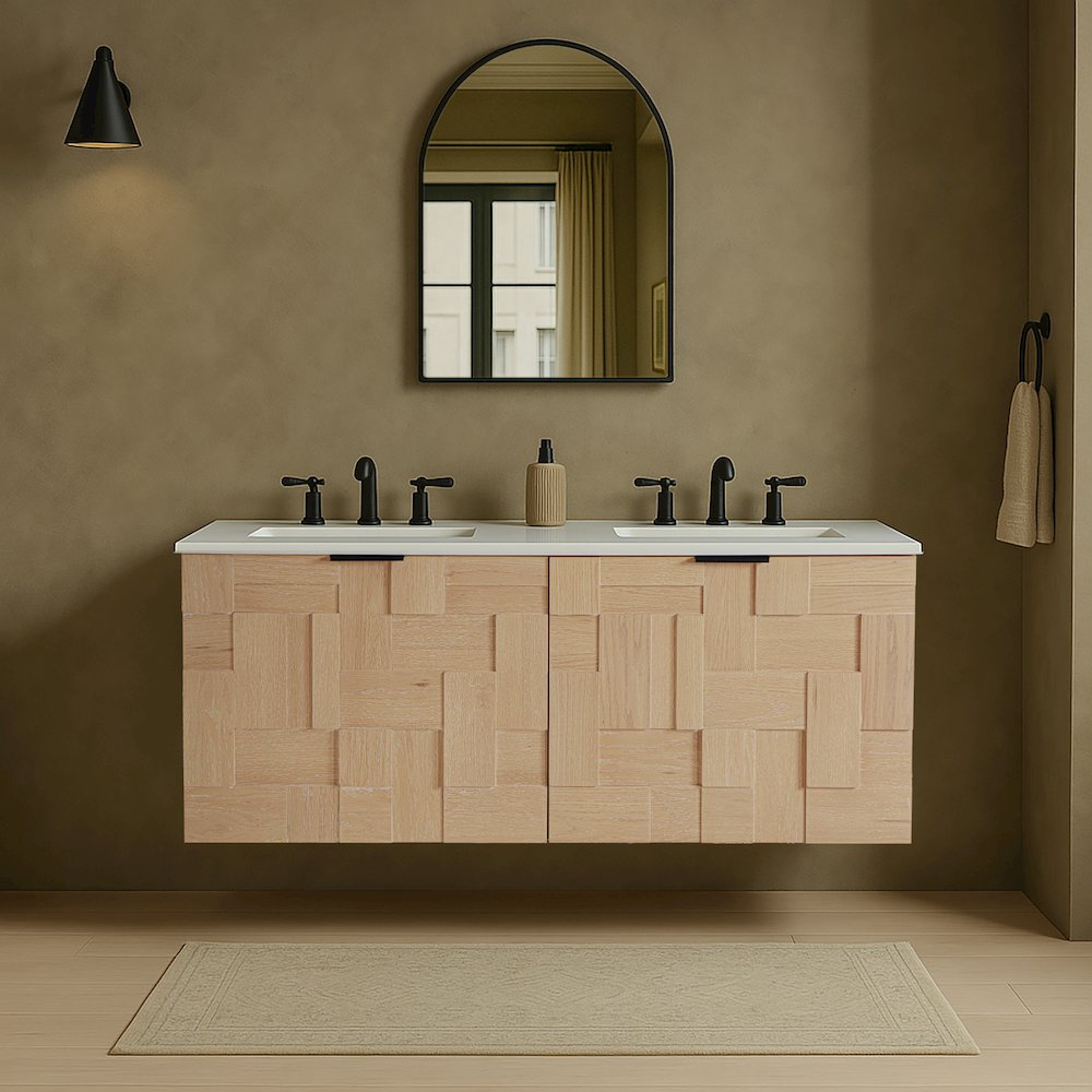 Leonardo 48" Natural Engineered Stone And Wood Wall Mounted Bathroom Vanity. Picture 7