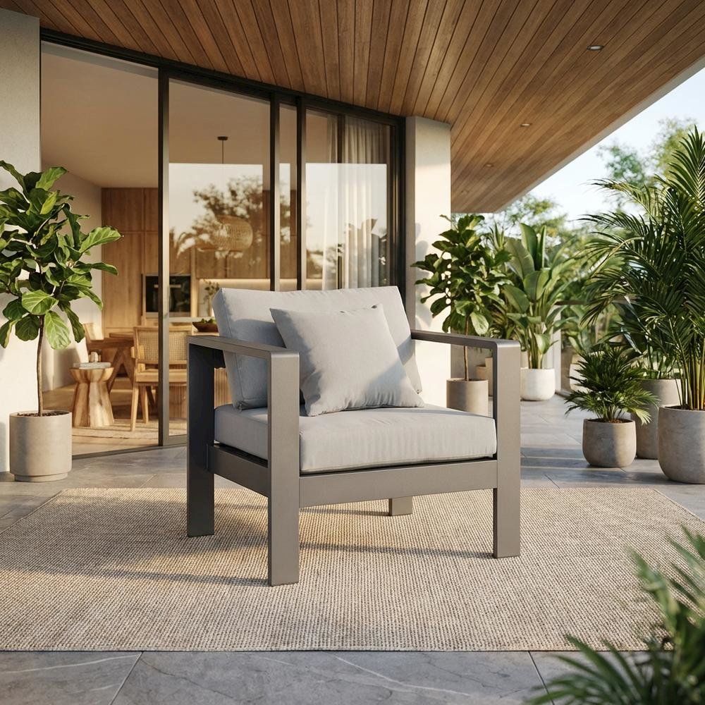 Gray Fabric Outdoor Patio Armchair With Aluminum Frame And Contemporary Design. Picture 2