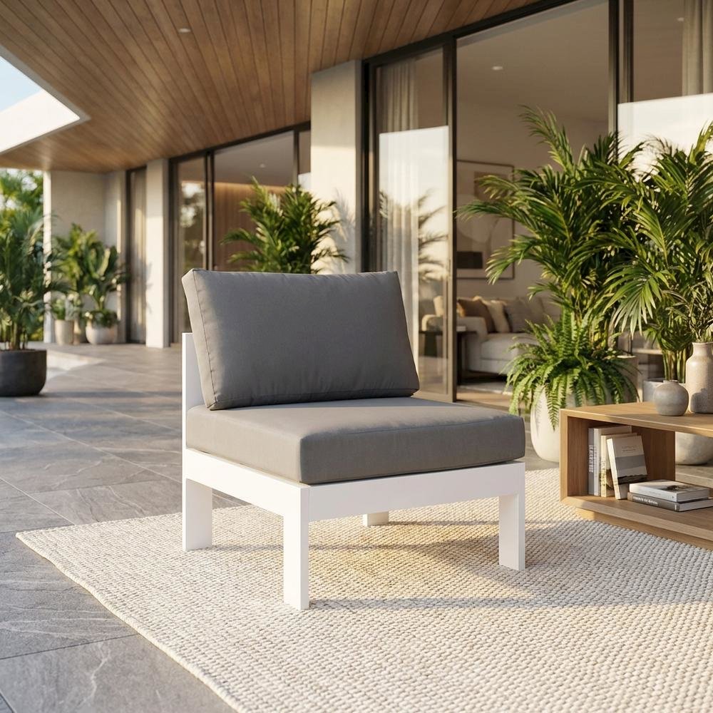 Gray Outdoor Patio Armless Aluminum Chair With Cushioned Seat. Picture 2