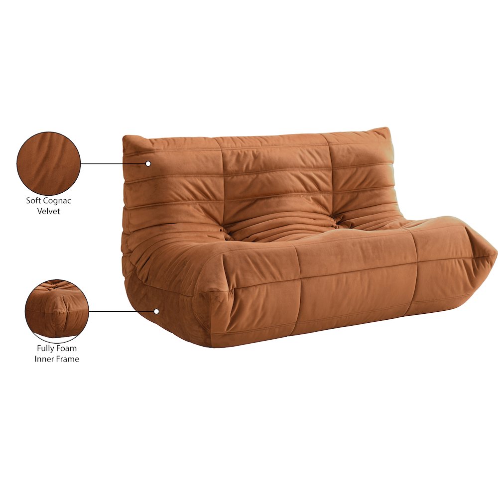 Relax 54.75" Cognac Velvet Upholstered Loveseat. Picture 10