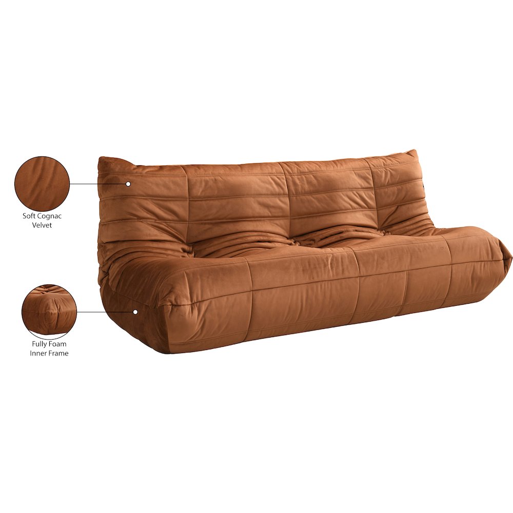 Relax 77.75" Cognac Velvet Upholstered Sofa. Picture 10