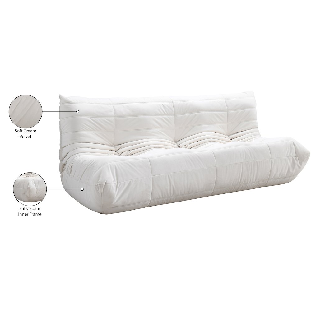 Relax 77.75" Cream Velvet Upholstered Sofa. Picture 10