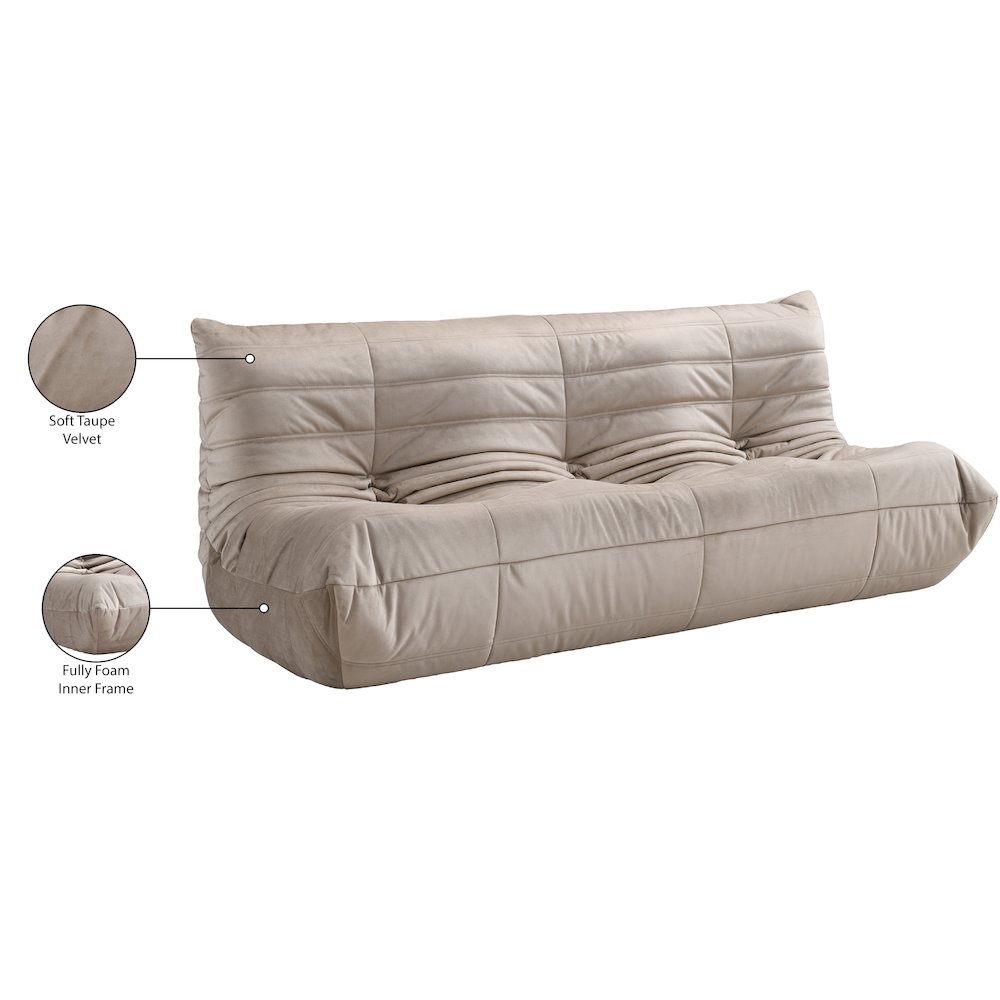 Relax 77.75" Taupe Velvet Upholstered Sofa. Picture 10