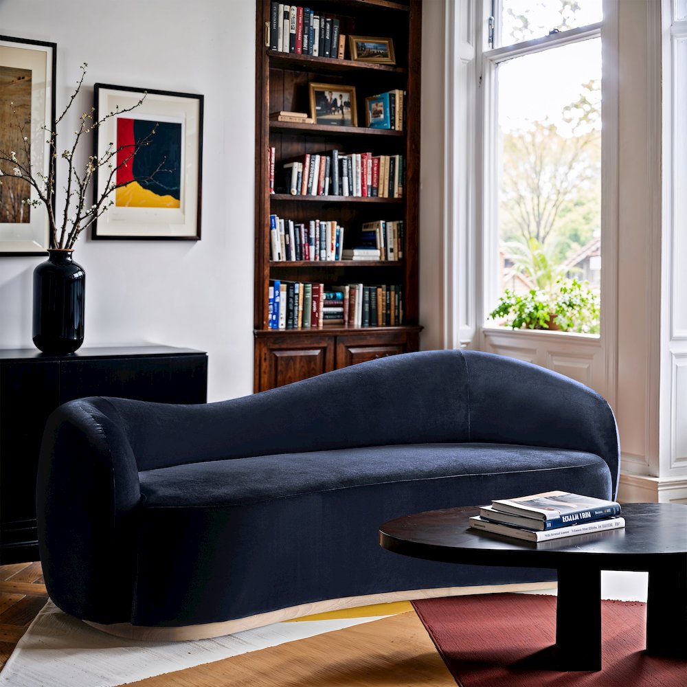 Gustavo 92.5" Navy Velvet Upholstered Sofa. Picture 2