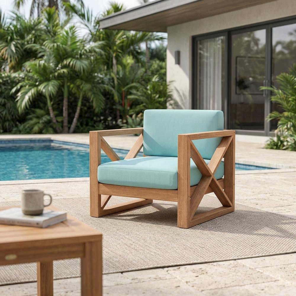 Blue Fabric Outdoor Chair With Cushioned Seat And Teak Finish. Picture 3