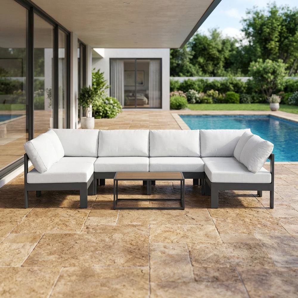 White Fabric Outdoor Patio Sectional With Contemporary Style And Cushioned Seats. Picture 3