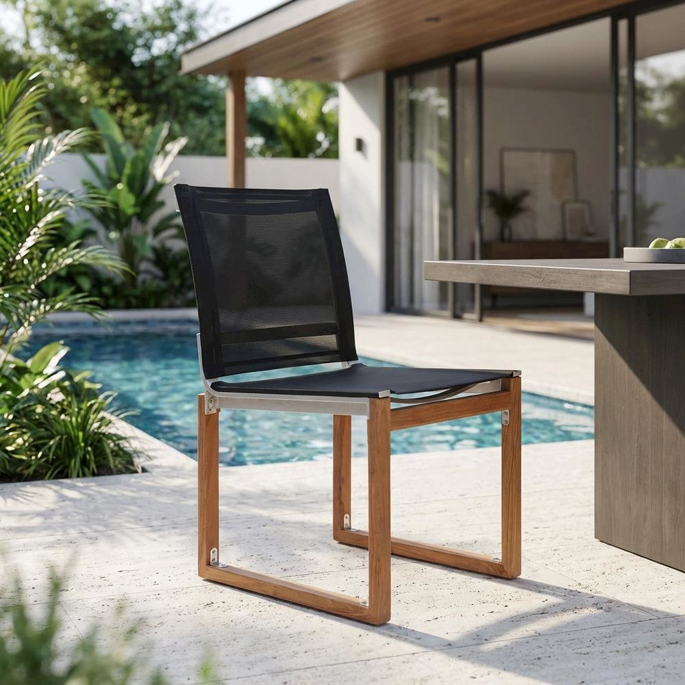 Contemporary Black Fabric Outdoor Patio Dining Side Chair With Teak Finish. Picture 3