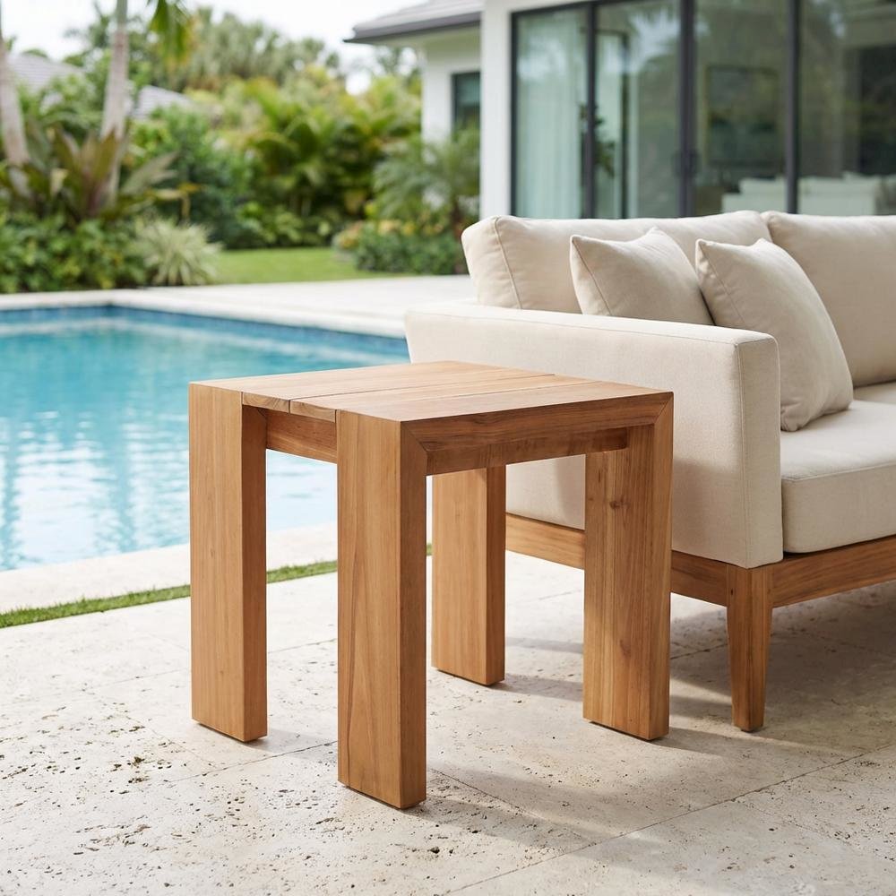 Teak Outdoor End Table With Contemporary Finish And Sturdy Design. Picture 3