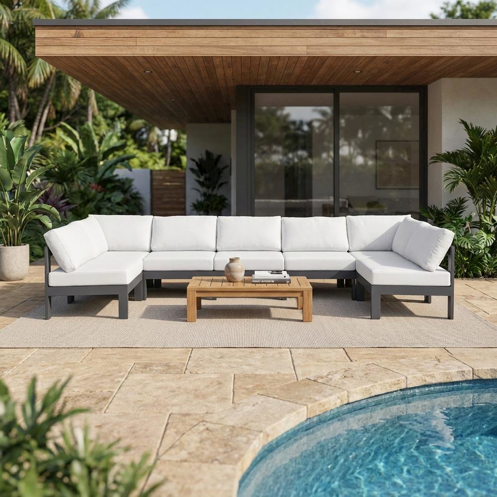 White Fabric Outdoor Patio Modular Sectional With Contemporary Design. Picture 3