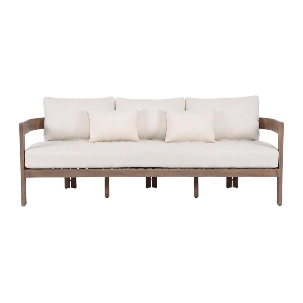 Cream Fabric Upholstered Outdoor Patio Sofa, Cushioned Seating. Picture 4