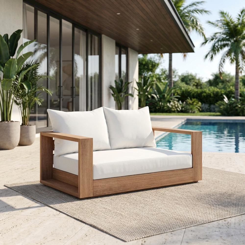 White Fabric Outdoor Loveseat With Cushioned Seating And Tumbu Finish. Picture 3