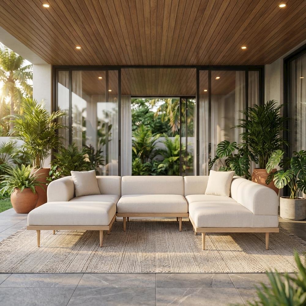 Beige Fabric Outdoor Modular Sofa With Cushions And Contemporary Style. Picture 2