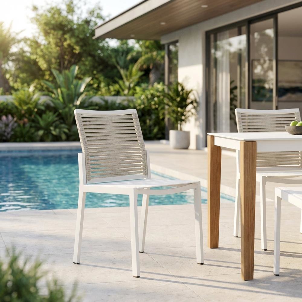 Beige Rope Fabric Outdoor Dining Side Chair Set Of 2 With Contemporary Style. Picture 3