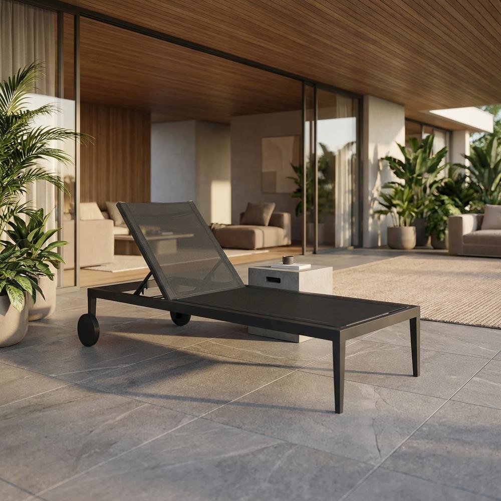 Contemporary Grey Fabric Outdoor Lounge Chaise With Adjustable Backrest. Picture 2