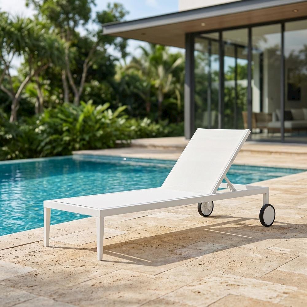 White Mesh Fabric Outdoor Patio Chaise Lounge Chair With Contemporary Style. Picture 3