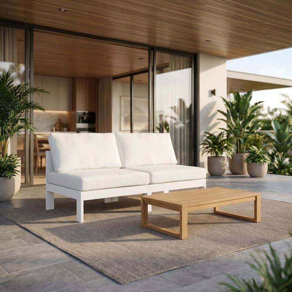 White Fabric Outdoor Patio Modular Sofa, Contemporary Design, Cushioned Seating. Picture 2
