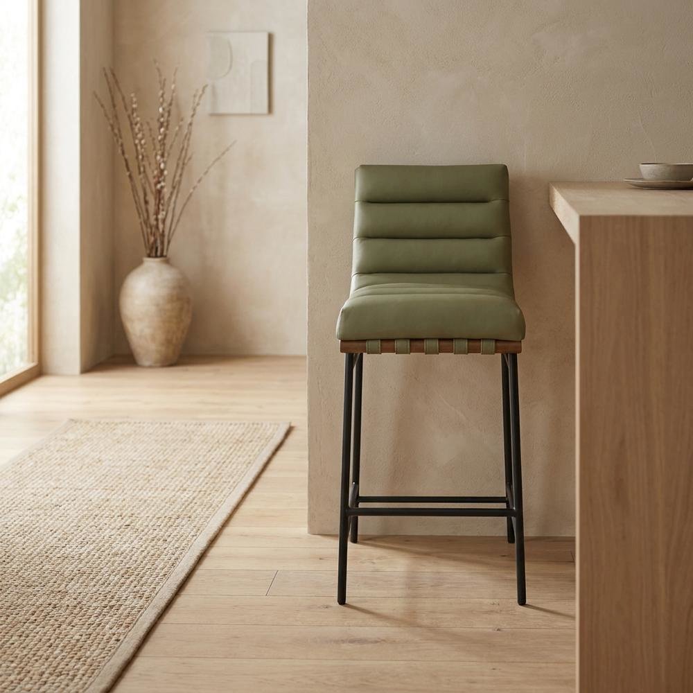 Vegan Leather & Boucle Counter Stool for Bar, Green Vegan Leather. Picture 2