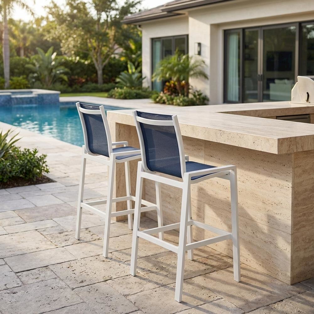 Navy Mesh Fabric Outdoor Patio Barstools Set Of 2 With Contemporary Style. Picture 3