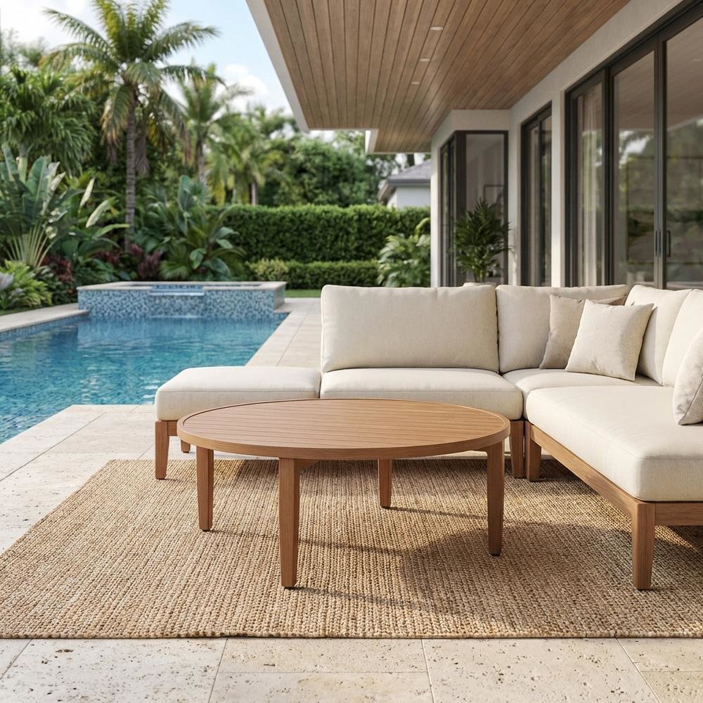 Teak Finish Outdoor Coffee Table With Aluminum Frame And Contemporary Style. Picture 3