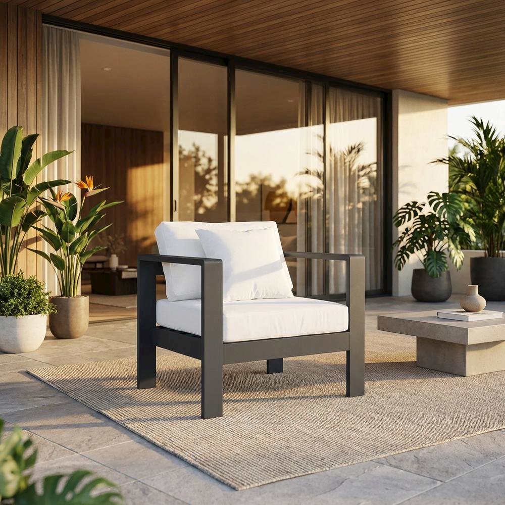 White Fabric Outdoor Patio Aluminum Arm Chair With Contemporary Style. Picture 2