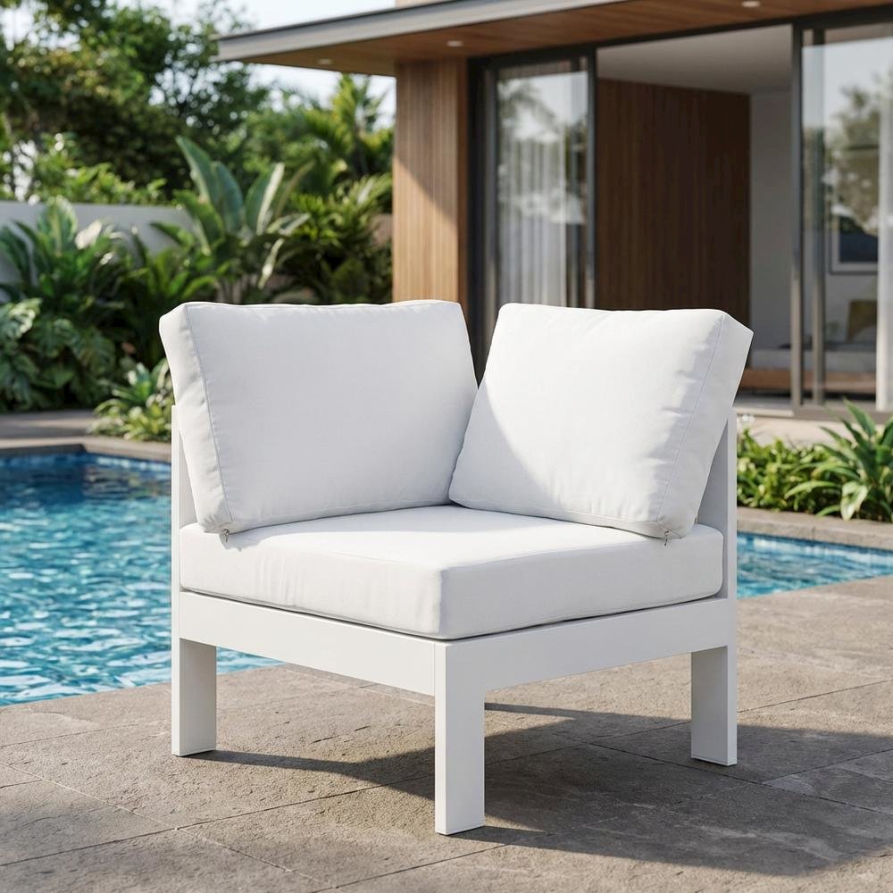 White Fabric Outdoor Ottoman With Aluminum Frame For Patio Lounge. Picture 3