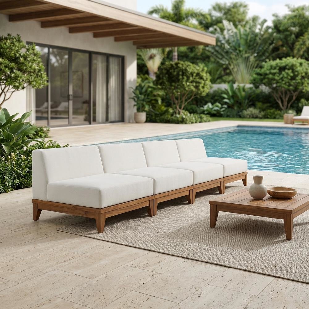 White Fabric Outdoor Modular Sofa With Acacia Wood Finish And Contemporary Style. Picture 3