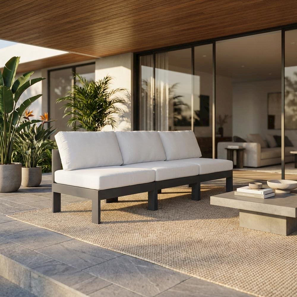 White Fabric Outdoor Patio Modular Sofa, Contemporary Design, Cushioned Seat. Picture 2