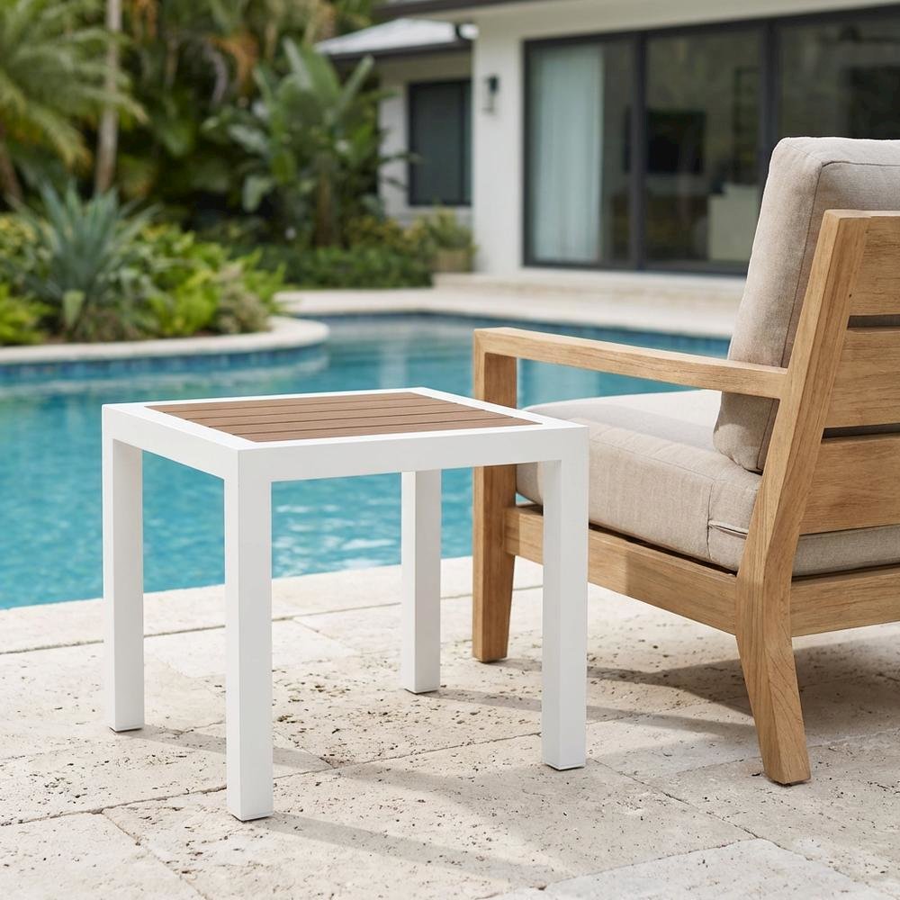 Outdoor Patio End Table With Brown Wood-Look Finish And Contemporary Style. Picture 3