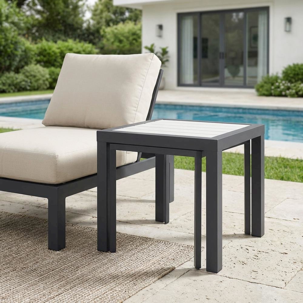 White Wood-Look Accent Paneling Outdoor Patio Aluminum End Table, Contemporary. Picture 3