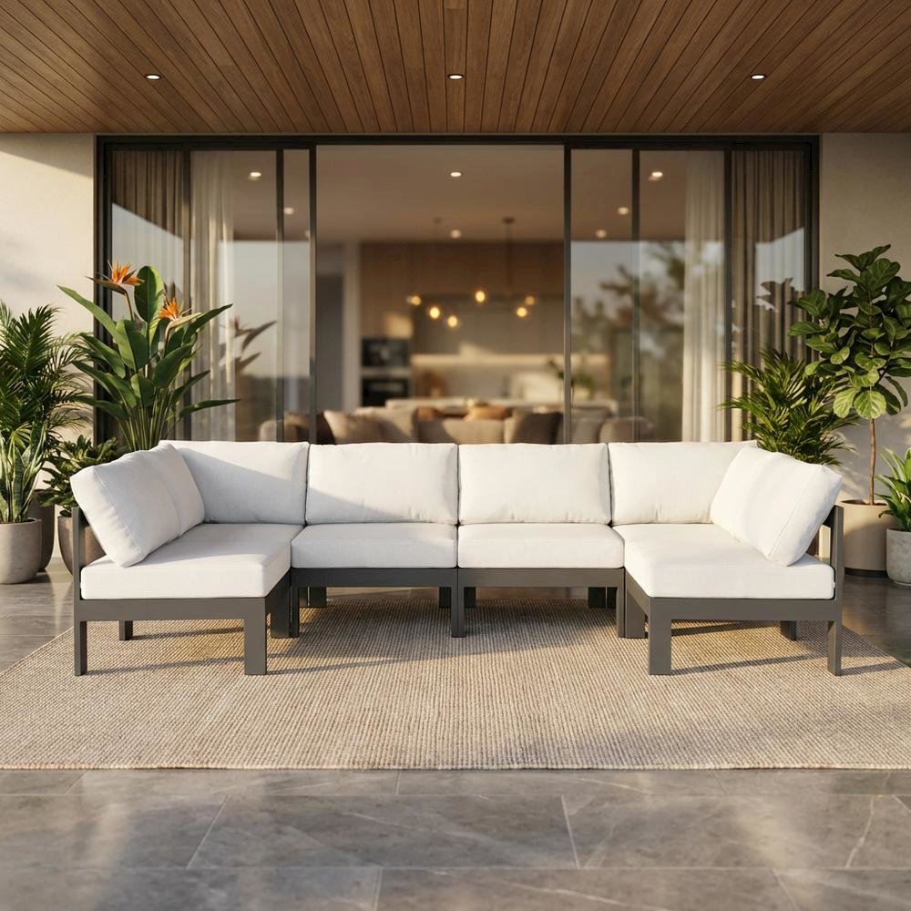 White Fabric Outdoor Patio Sectional With Contemporary Style And Cushioned Seats. Picture 2