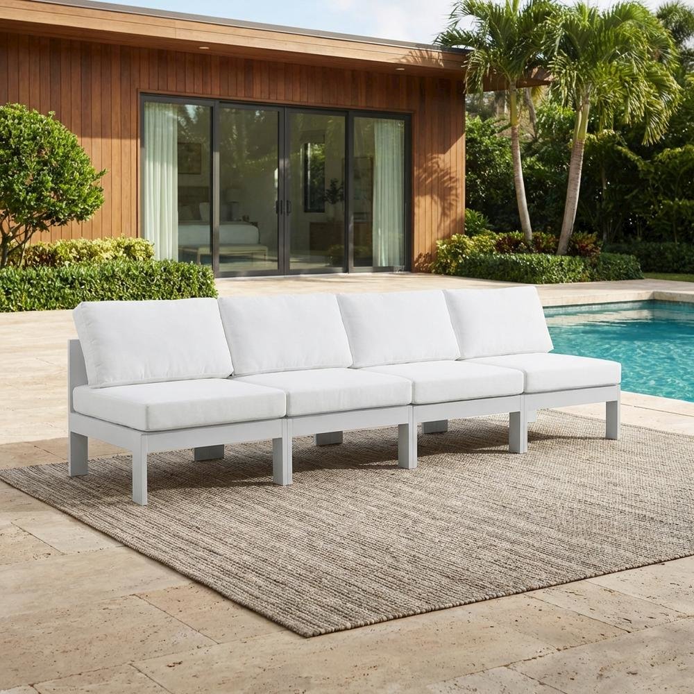 White Fabric Outdoor Patio Modular Sofa, Contemporary Style, Cushioned Seating. Picture 3