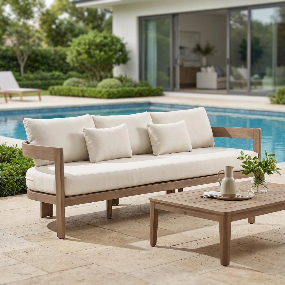 Cream Fabric Upholstered Outdoor Patio Sofa, Cushioned Seating. Picture 3