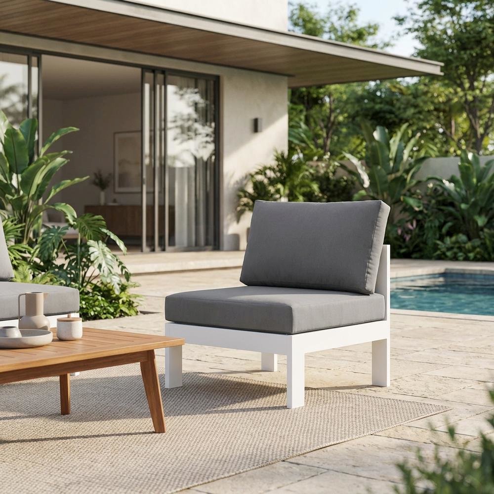Gray Outdoor Patio Armless Aluminum Chair With Cushioned Seat. Picture 3